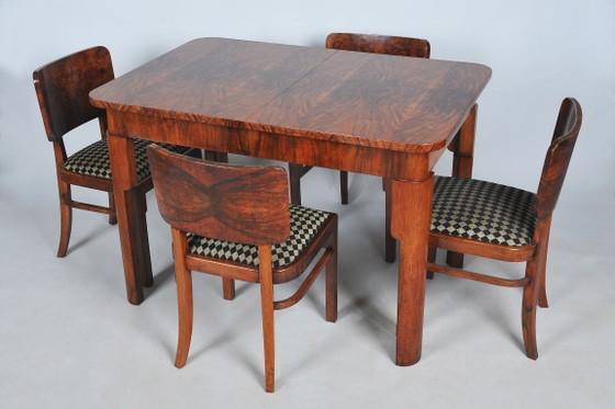 Gerestaureerde art-deco eethoek, beuken-, sparren- en walnootfineer, Tsjechisch, jaren 1920 – Eetkamerset (photo 11 of 11)