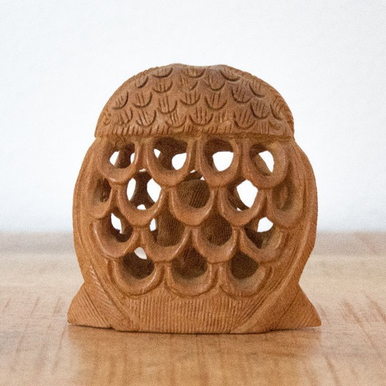 Image 1 of Figura de búho tallada en madera: escultura de ave hecha a mano al estilo del arte popular Jali.