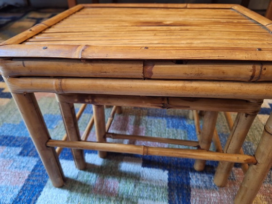 Image 1 of Mid Century Set of 3 Nesting Patinated Bamboo Tables, 1960s