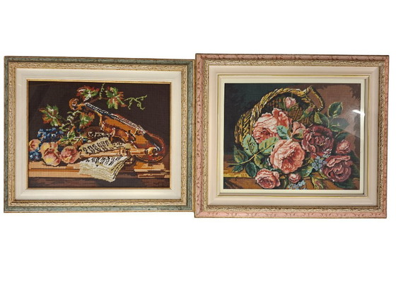 Image 1 of Paire de tableaux vintage des années 1980 – Broderie artisanale en laine