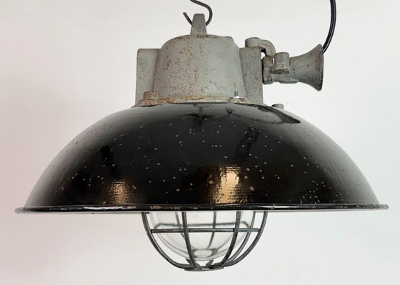 Image 1 of Black Enamel and Cast Iron Industrial Cage Pendant Light, 1960s