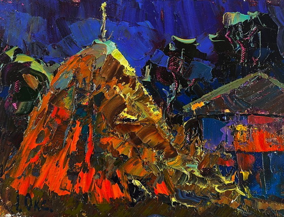 Image 1 of Original Oil Painting Night Village Landscape Stars twinkle in a calm sky