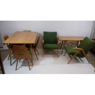 Vintage wood and green fabric living room set by Tatra Pravenec, Czechoslovakia 1960