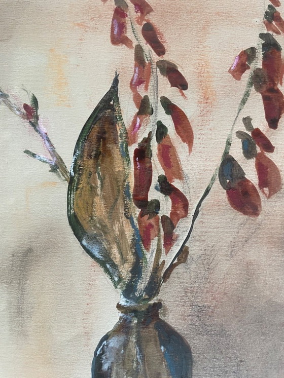 Image 1 of Watercolor and pastel still life painting "Vase of Dried Flowers"