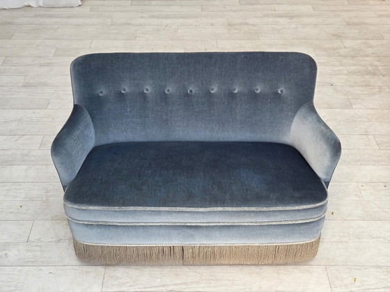 1970s, Danish 2-seater sofa, furniture velour, beech wood., 2 seaters, Velvet, Blue (photo 15 of 21)