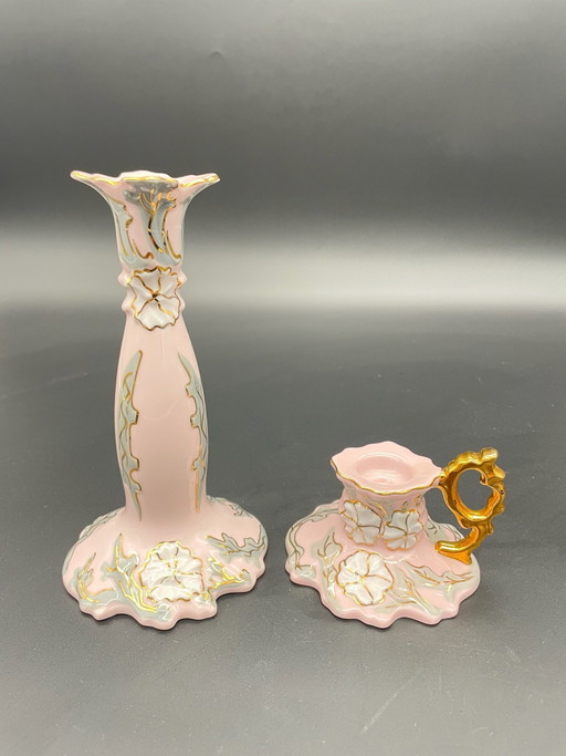 Juego de 2 Portavelas H&C de Porcelana Rosa – Pintados a mano, Florales, con Decoración Dorada