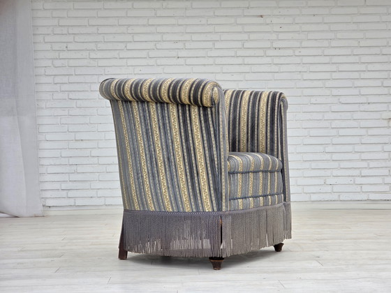 Image 1 of 1960s Danish Lounge Chair, Blue/Beige Furniture Velour, Beech Wood Legs