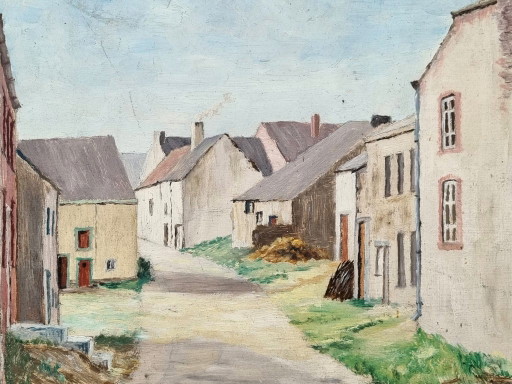 Antique oil painting, picturesque village view "Felenne" (1954) – Post-Impressionism – decoratieve objecten (photo 2 of 9)