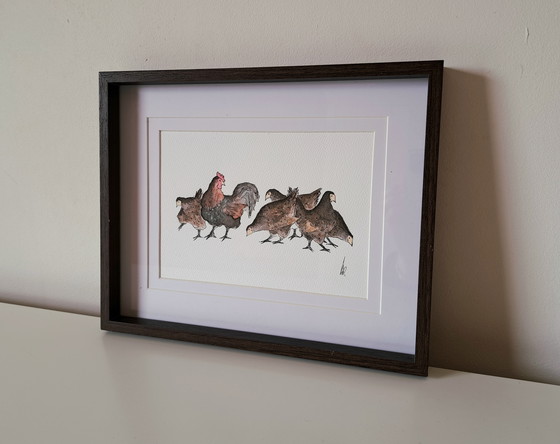 Image 1 of Watercolor painting chickens original | In dark brown frame