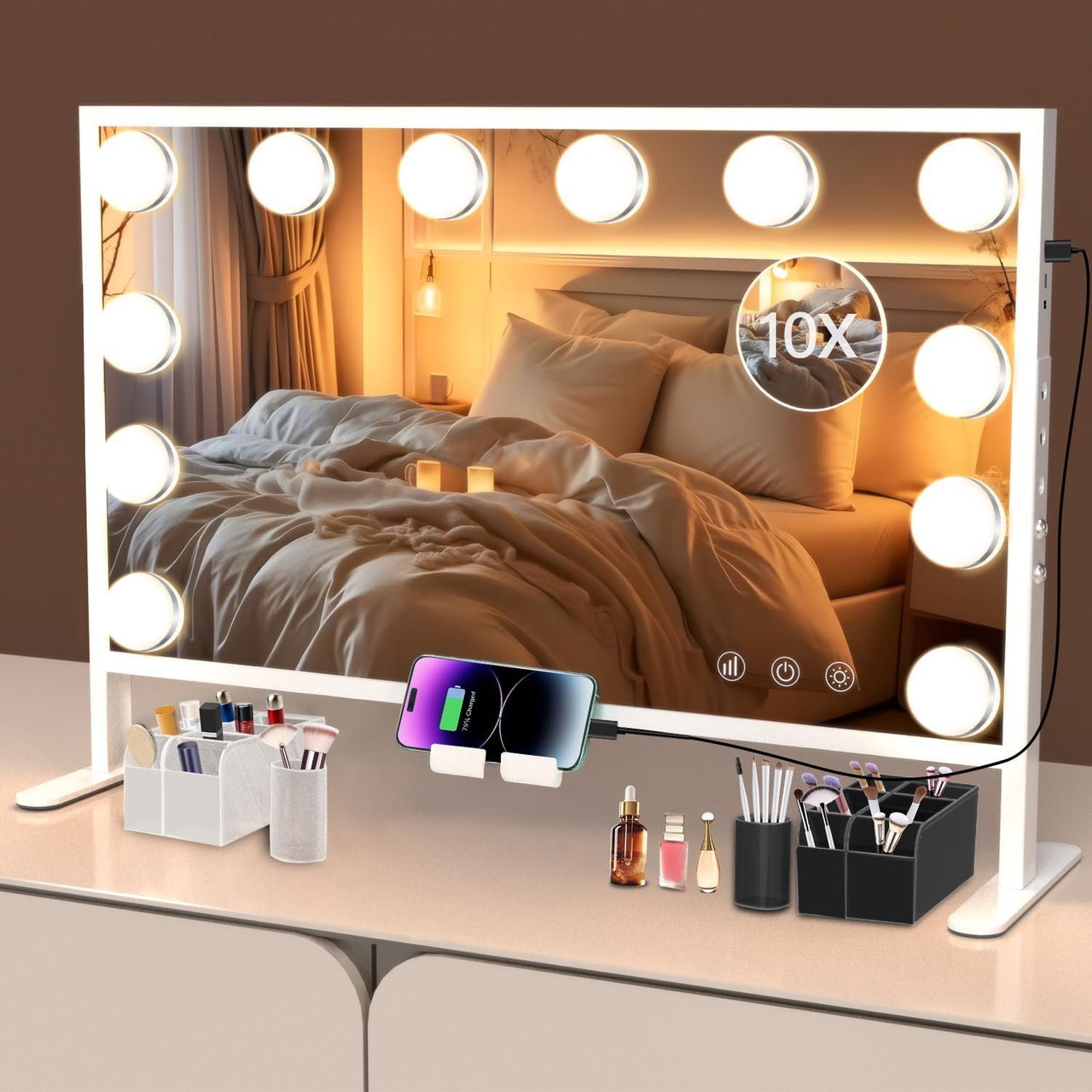 Miroir Maquillage LED Portable - Grossissant 10X - 3 Couleurs Lumière - Rechargeable USB-C - Pliable Voyage - Blanc