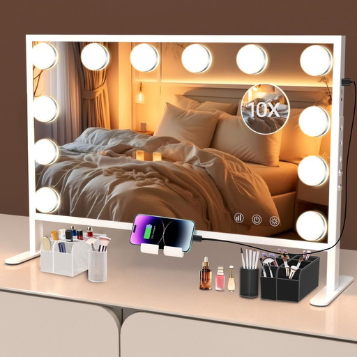 Miroir Maquillage Hollywood Lumineux réglable en Hauteur - BESTOPE Pro Miroir LED Coiffeuse 60x35cm Miroir Hollywood avec Organi
