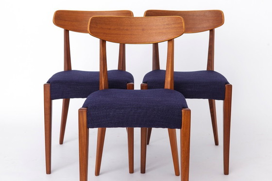 Image 1 of Set of 3 Danish Teak Chairs 1960s, Vintage Mid Century Dining Chairs, Dark Blue Upholstered Seats