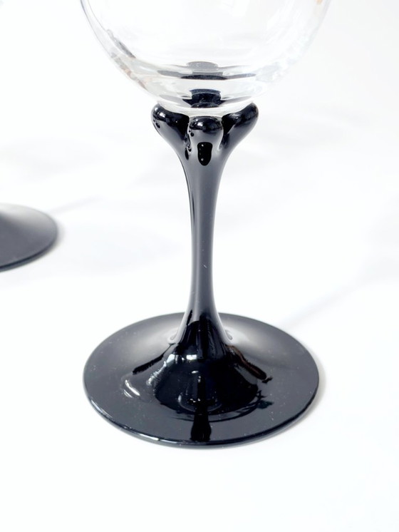 Image 1 of Set di 4 bicchieri da vino Vintage Luminarc Veronese | Vetro trasparente con piedini neri a petali | Francia anni '70