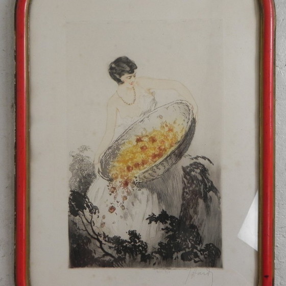 Image 1 of Litho Jean Hardy met dame en bloemen in de stijl van Louis Icart, jaren 20