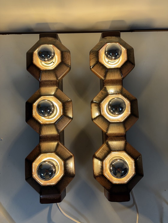 Image 1 of Lampade da parete in ceramica marrone di Pan, Germania, 1970, set di 2