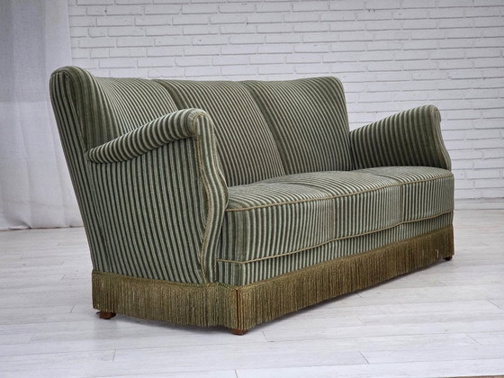 Image 1 of 1960s, Danish 3-seater sofa, original green furniture velour, oak wood.