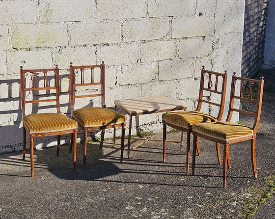 Image 1 of Set of 4 Antique handcarved Walnut Chairs - Upholstered wooden Side Chairs-Claude Sené Style Louis XVI-late 1900th