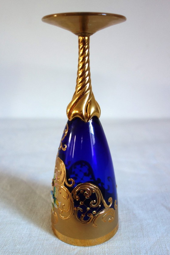 12 flûtes verre de Murano bleu cobalt et or mid century, Verres et carafes (photo 12 sur 12)
