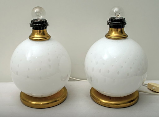 Paar Mid-Century Modern Tischlampen aus Messing und geblasenem Muranoglas, 1970er Jahre