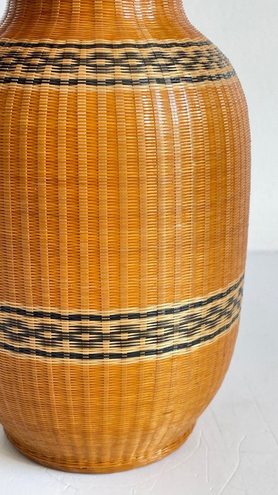 Image 1 of Vintage Woven Bamboo and Fine Porcelain Vase