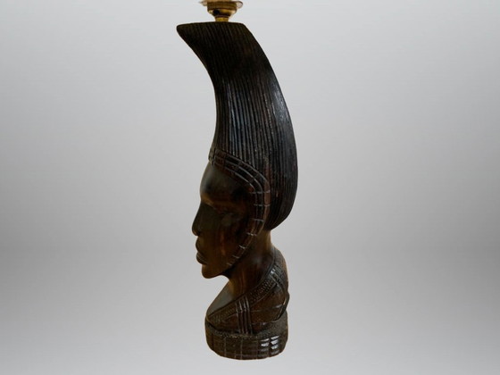Image 1 of Table lamp base made of African hardwood with a carved African woman