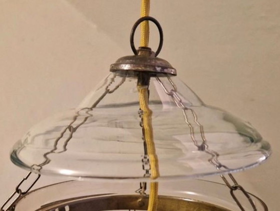 Plafonnier original, soufflé à la main, Inde, circa années 1930, Laiton, Verre, Transparent (photo 5 sur 5)