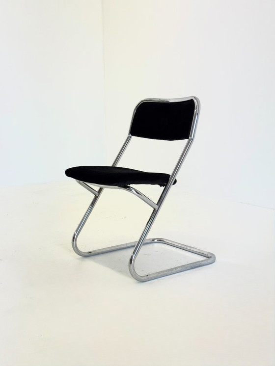 Image 1 of Set of 4 vintage tubular frame dining chairs in black velvet