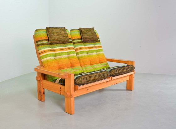 Image 1 of Yngve Ekstrom Mid-Century Scandinavian Design 2-Seat ‘Dymling’ Sofa in Pinewood and Rainbow Fabric for Swedese. Sweden, 1970s.