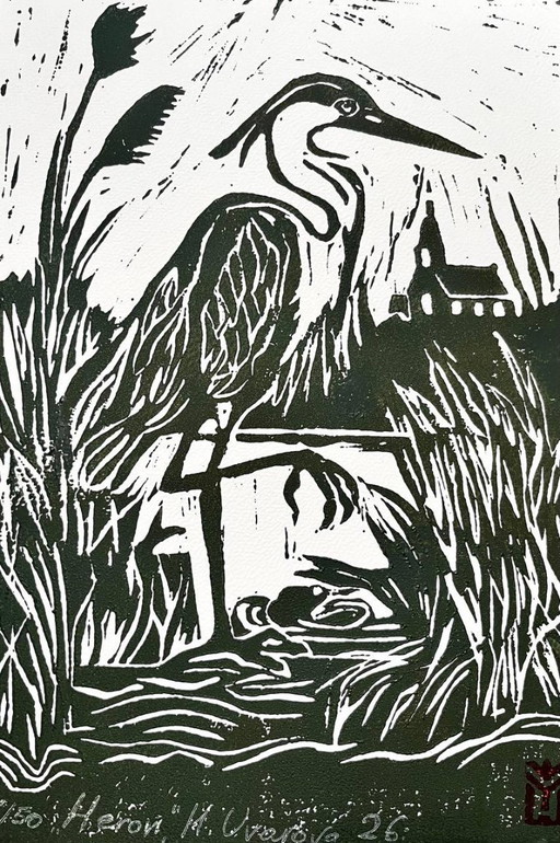 Linosnede van een reiger | Vogelkunst met groene inkt | Handgemaakt op A4-papier (beperkte oplage)