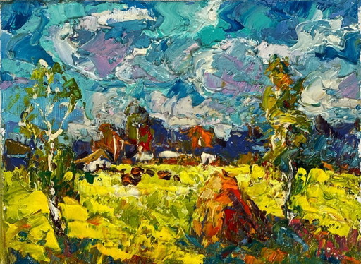 Original Oil Painting Nature Landscape Pasture Early Autumn has Arrived