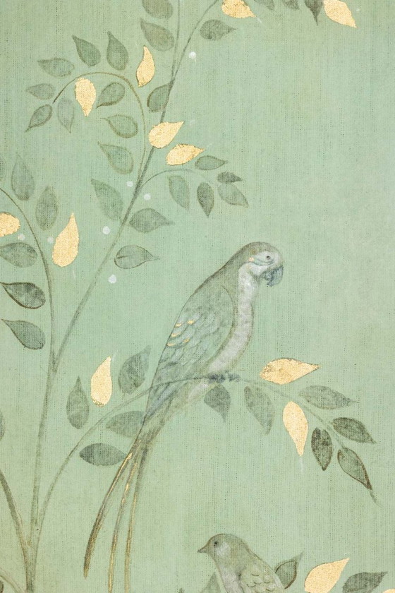 Image 1 of Painted canvas, or decorative panel, Parrots and bird. Contemporary.