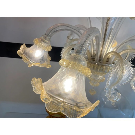 Image 1 of Lampadario in vetro di Murano in stile veneziano trasparente e oro con fiori e foglie