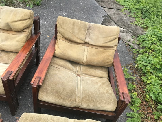 Mid Century Wood & Leather Armchairs With Pouf, Set of 4 – Mid Century Modern (photo 5 of 10)