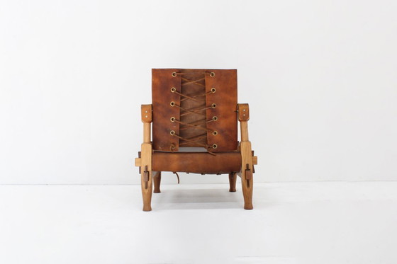 Image 1 of Vintage brutalist leren safari fauteuil 1960s