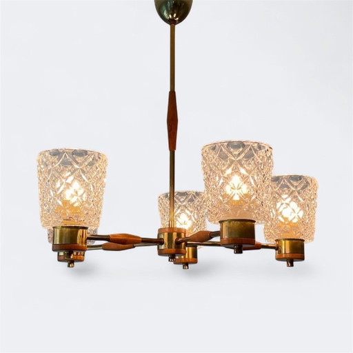 Mid-Century Swedish Chandelier in Teak, Brass & Pressed Crystal — 1960s Scandinavian Lighting