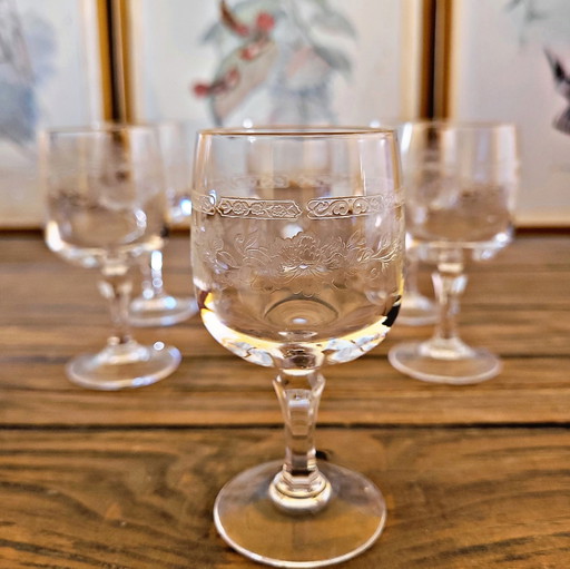 6 Cristal d'Arques Matignon liqueur glasses, engraved crystal
