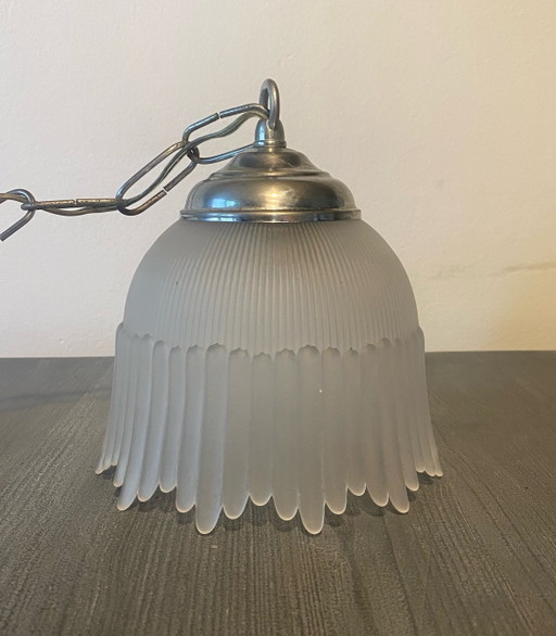Antique Art Deco Holophane Style Pendant Lamp | Prismatic Pressed Glass Skirt Model (1920s/1930s) – hanglampen, Metal