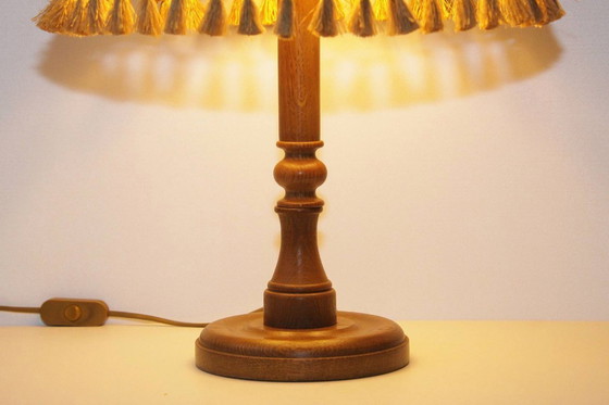 Image 1 of Table lamp wood textile light beige brown fringes 63cm 80s J Vintage