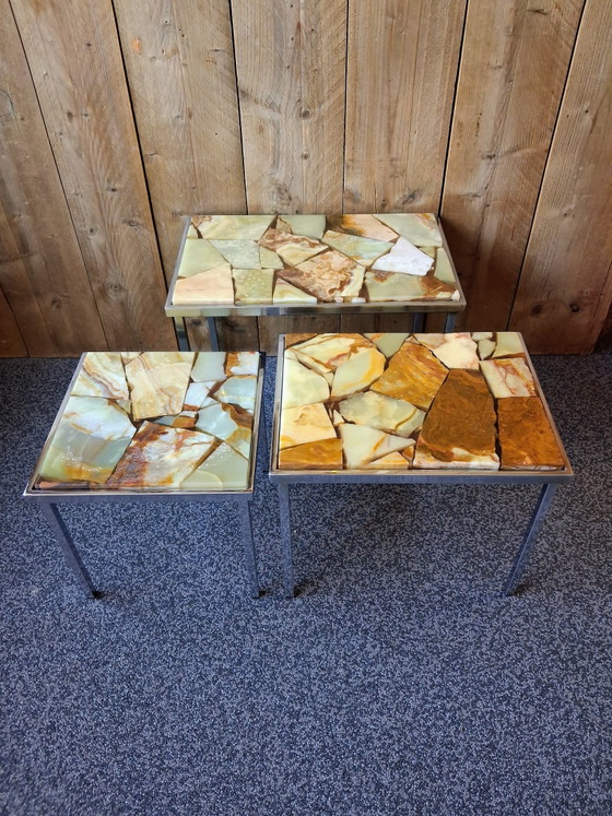 Image 1 of Vintage Onyx Marble nesting tables, Mimiset with Chrome Frame (1960s/1970s)