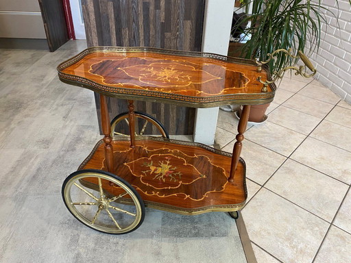 Servant trolley 3 wheels 2 trays marquetry bar vintage 1950 on wheels
