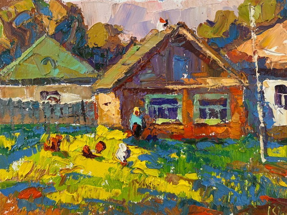 Image 1 of Original Oil Painting Evening Village Landscape Returning home