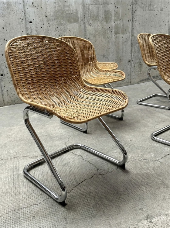 Image 1 of SET OF 6 RATTAN CHROME CANOPY CHAIRS IN THE GASTONE RINALDI STYLE, ITALY 1970s