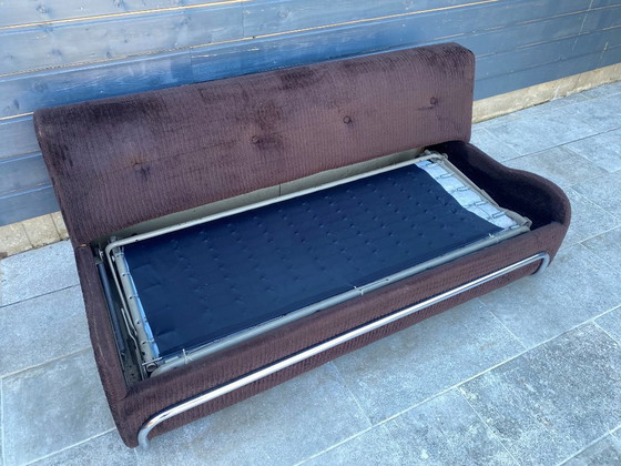 Image 1 of Divano da salotto modulare poltrona poggiapiedi stile Bauhaus in velluto a coste marrone e cromo vintage 1970