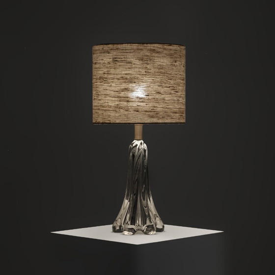 Large French Crystal Table Lamp with Sculptural Base and Silk Shade, 1960s (photo 3 of 6)