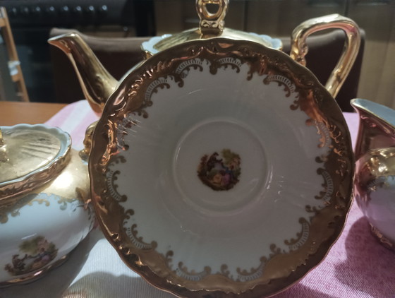 Image 1 of Vintage Bavaria Tea Service - 24K Gold Porcelain and Galanti Scenes, 15-Piece Set.