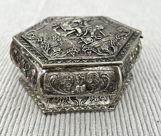 Image 1 of Antique, beautifully decorated silver-plated storage box/jewelry chest. Made in England.