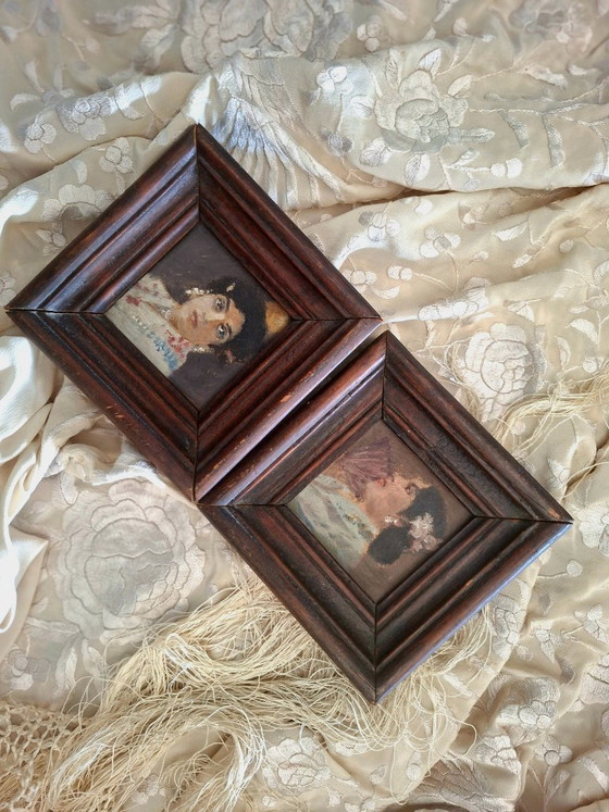 Image 1 of Pair of Antique Miniature Portraits. Belle Époque Paintings. Paris, ca. 1900–1908 - Decoration