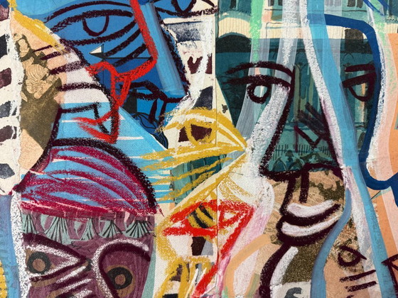 Image 1 of Thomas Van Der Linden ‘Terrace Chairs and Balcony’ – Mixed Media Collage on Canvas