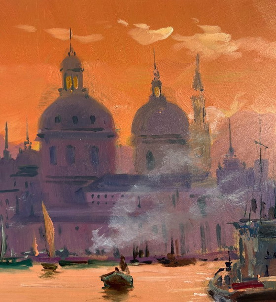 Image 1 of Original Oil Painting Evening City Landscape The atmosphere of the Venetian city