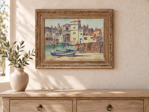 Vintage französische Aquarell von Martigues, Provence – Signiert A. Bianne, ca. 1930